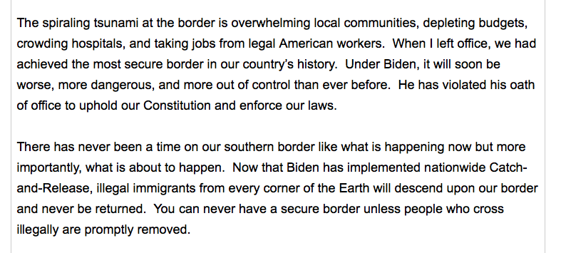 MZHemingway's tweet photo. Former President Trump addresses Biden's border crisis. https://t.co/MRwhDai3eJ