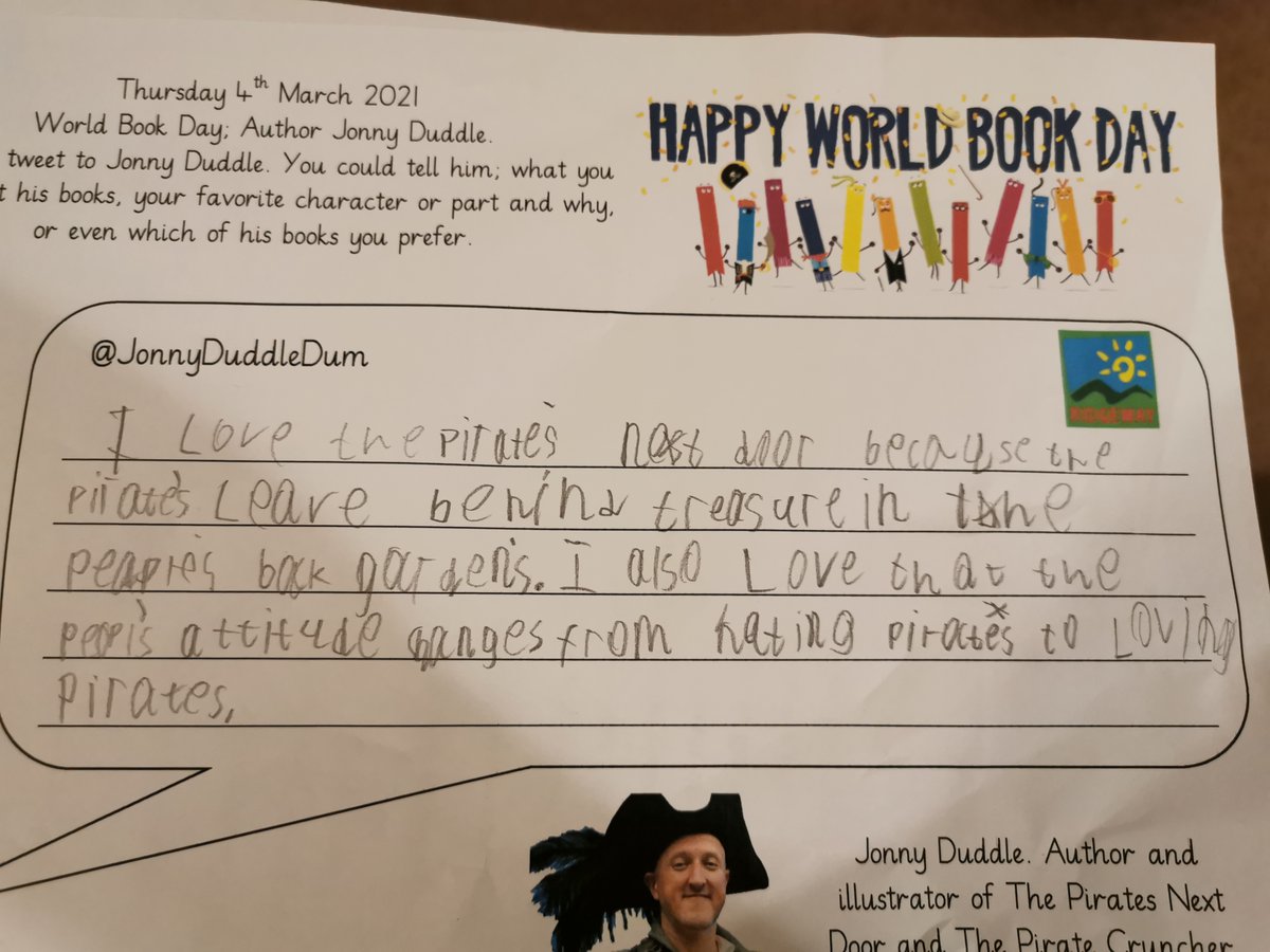 PrimaryRidgeway's tweet photo. Thistle class learnt about the brilliant pirate story author and illustrator @JonnyDuddleDum on World Book Day yesterday. We have been enjoying his stories as part of our pirate theme. They wrote messages to him for Twitter. Take a look! #thistleclass https://t.co/7IQ8vsOmxy