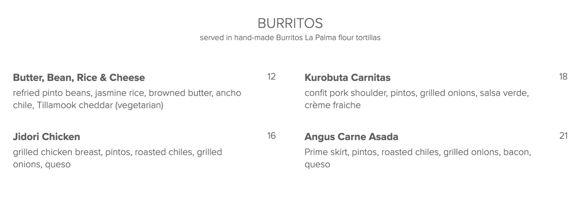 BURRITOS are BACK.
Order online now; pick up 12:30-6:30. 
tacomaria.com/togo