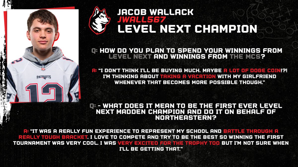 You know we had to ask the man, the myth, the 1st EVER Level Next Champion, <a href="/TheJwall567/">Jake</a>, how he's spending his winnings 🚀

His wishlist is simple: Maybe some Doge Coin &amp; a vacation with his girlfriend.

He also wants to try to go for a 2nd win in our Madden Champions Series 🏆
