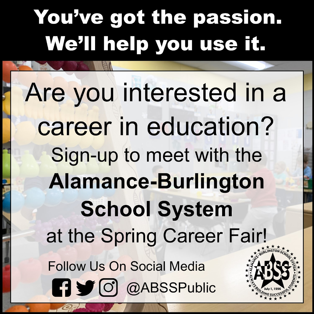 We are FOUR days away from the Spring 2021 Education Fair and Alamance-Burlington Schools will be a participating employer! If interested, register for the fair via Handshake now! ncat.joinhandshake.com
#ncat21 #ncat22 #ncat23 #ncat24 #ncatsga #aggiepride #ncatocs #ncat