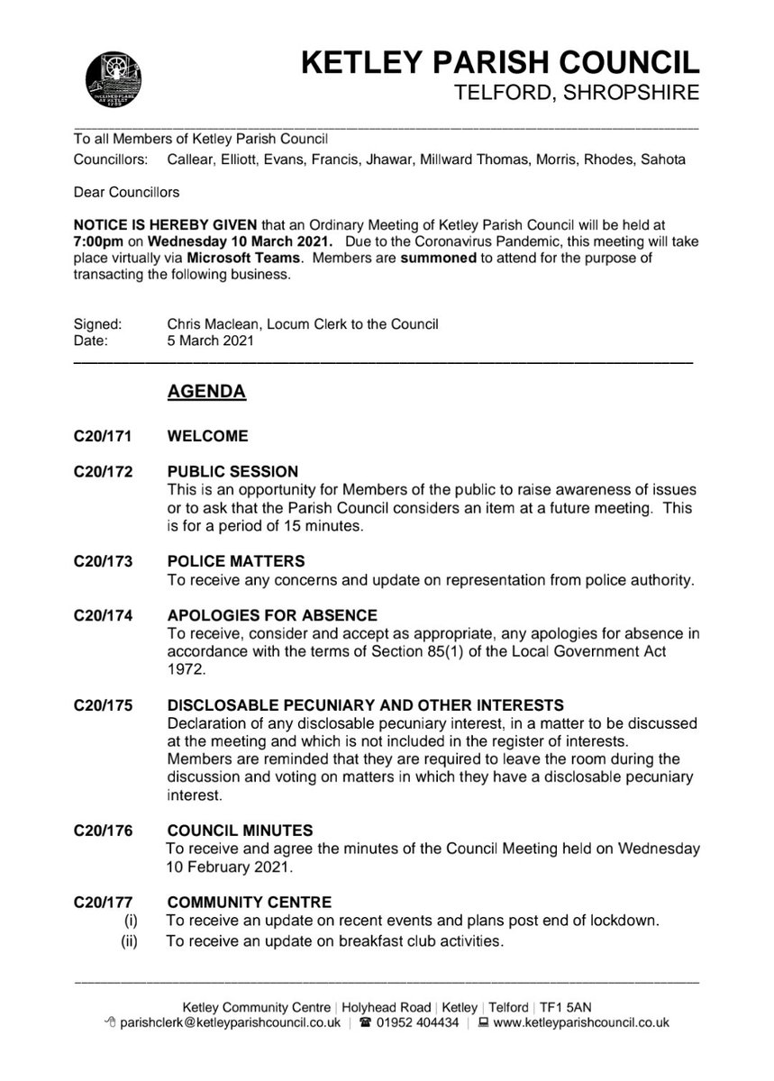 KetleyPc's tweet photo. The next Ordinary Meeting of Ketley Parish Council will be held at 7pm on Wednesday 10 March 2021 via Microsoft Teams. Please contact Locum Clerk to the Council for meeting details. https://t.co/TPZfolxcyN