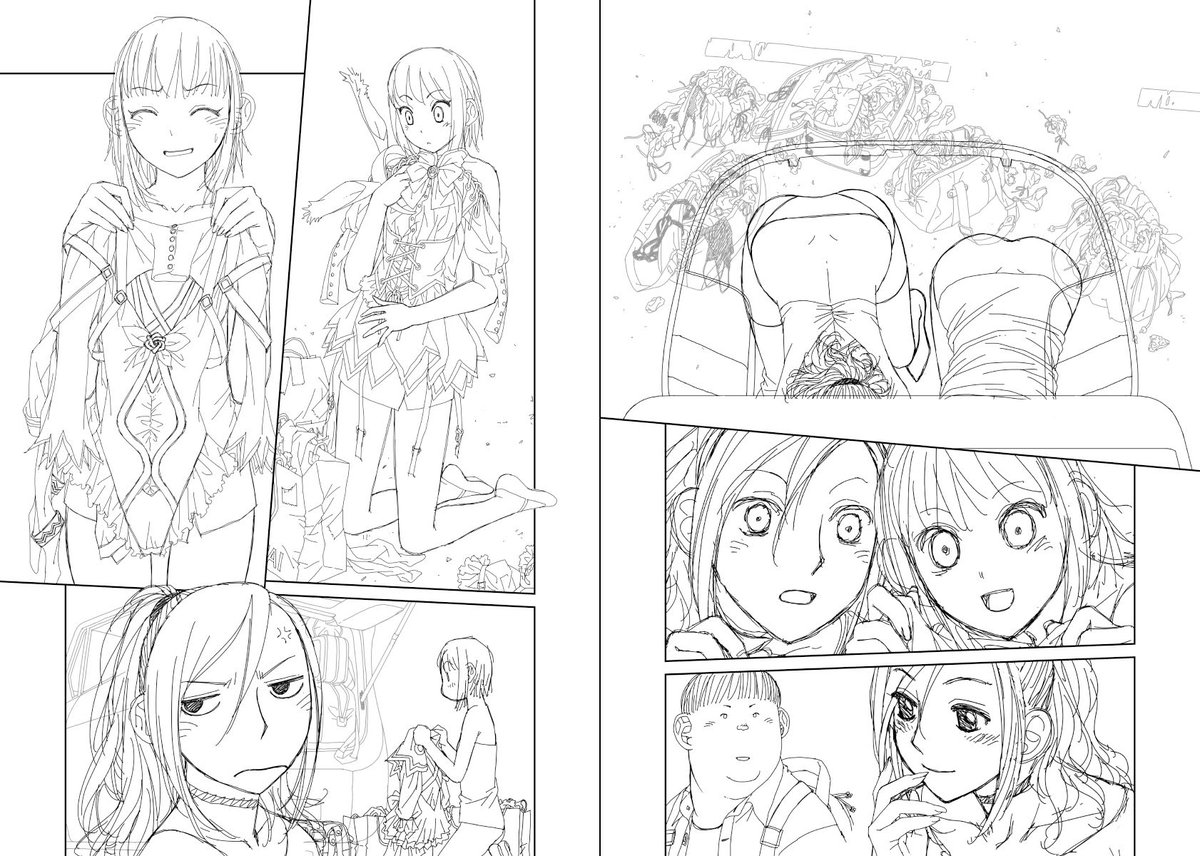 見開き単位で作業してた連載時の下描き…12
背景の廃墟とか荷物などの小物や衣装を描くのが楽しくてやり、またまた過ぎた下描きになっちゃって自分の首を絞める悪い例_φ(˘_˘") 