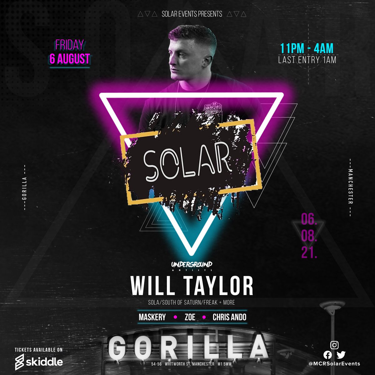 🚨The talented 
<a href="/WillTaylorDJ/">Will Taylor (UK)</a> headlines Solar Events launch night at Gorilla on 06/08/21🚨

💥Releases on Sola/South Of Saturn/FREAK + MORE💥

Support on the night by 
<a href="/maskerymusik/">Maskery</a>
zoeazad
<a href="/chrisando84/">Curtis Andy</a>

TICKETS ON SALE TOMORROW 6PM👀🔥!!

📷🎨: Thomas Burgess - IG 
<a href="/thb_design/">Thomas Burgess</a>