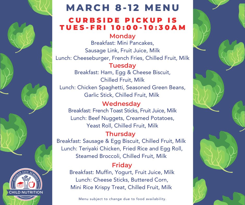 DothanCNP's tweet photo. We are happy to nourish our students again next week! ๐ Happy Friday, friends!
๐Curbside Pickup is Monday-Friday from 10:00am-10:30.
@DCSdothan @dothaneagle @DothanAreaChamb #dothancityschools #dothancityproud @alabamasna
#dothanmenu #schoollunchmenu #menu https://t.co/bCMcqg4i5e