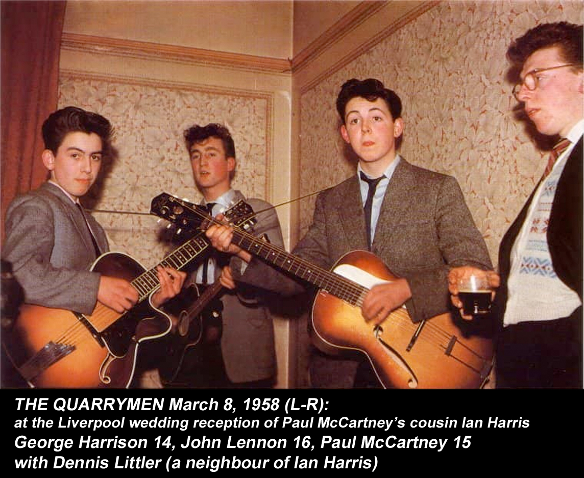 espofootball's tweet photo. #OTD Mar8,1958 The #Quarrymen play at #PaulMcCartney's Auntie Gin's son #IanHarris wedding reception. They are standing with #DennisLittler in a back room parlor. Notes: Ian Harris is Paul's cousin and Dennis Littler is a neighbor of Ian Harris https://t.co/lEiTNFy763