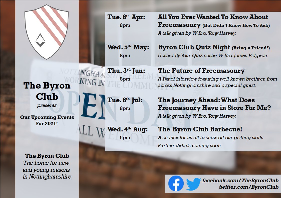 The Byron Club Presents: Our schedule for the next 5 months! We really can't wait for you all to get involved!

#NottsNewAndYoungMasons #LightBlues #ByronClub