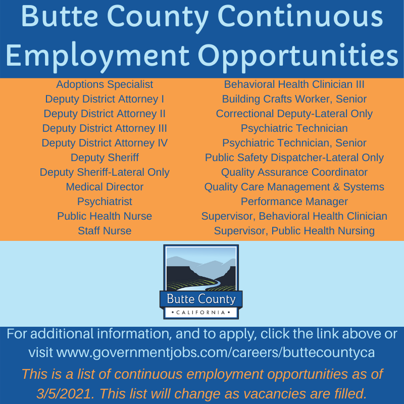 CountyofButte's tweet photo. Butte County is hiring. Check out Butte County Employment Opportunities at:
https://t.co/CeRCtpDrQW #ButteCareers #BetterButte https://t.co/a6JyGlnQww