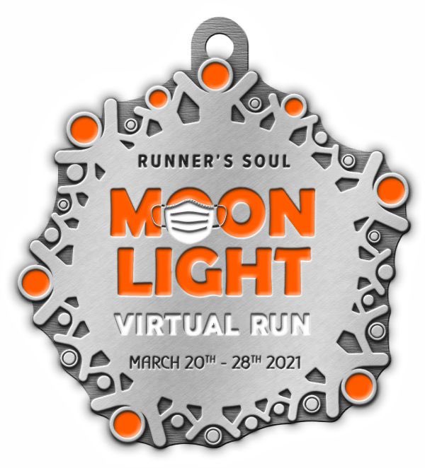 RunMoonlight's tweet photo. Every 2021 participant will receive this medal!

Due to higher than expected registration numbers, only our first 500 registrations will receive them at package pick up or through the mail before March 20. We will be distributing the remainder as soon as they are received. https://t.co/kEGt5HLBFo