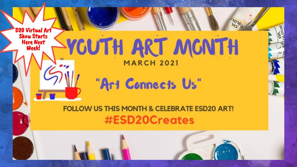 KeeneyvilleD20's tweet photo. Help ESD20 to celebrate YOUTH ART MONTH!  Starting next week, we will celebrate our student artists by sharing art work by remote and in-person students all month long!  Help us to show how ART CONNECTS US with #esd20creates tag + appreciating their masterpieces! #esd20learns https://t.co/blghB4UNke