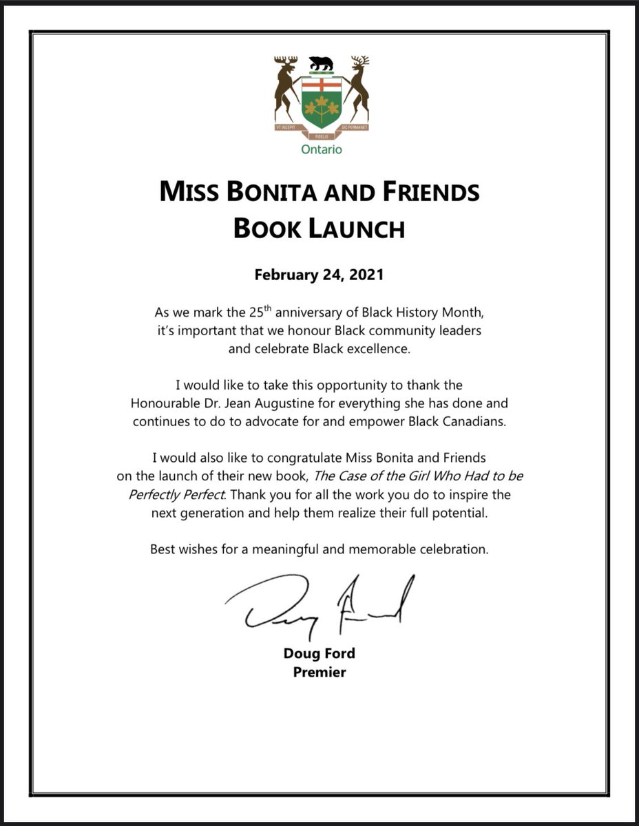 Our sincerest thank you to <a href="/fordnation/">Doug Ford</a> for his congratulatory letter in the subject of “The Case of the Girl who had to be Perfectly Perfect” in celebration of #blackhistorymonth 🙏❤️⁣

#toronto #ontario #DougFord #thankyou