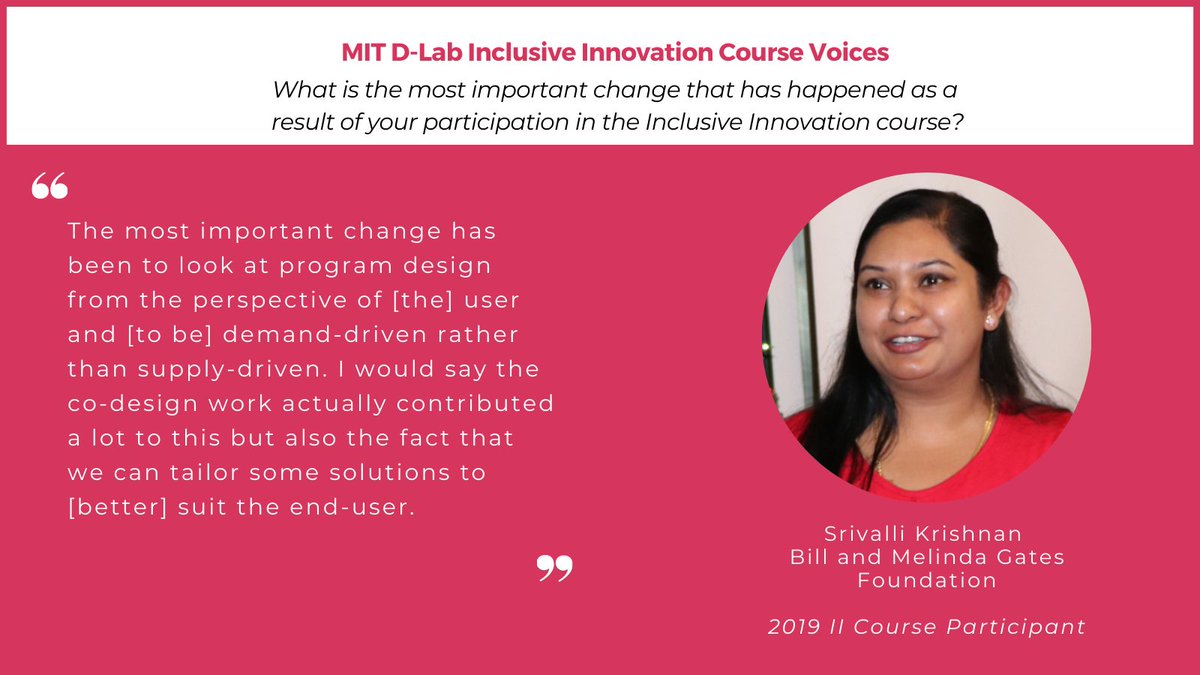 MITProfessional's tweet image. Introducing the #MITDLab Inclusive Innovation Course Voices series where they will sharing six testimonials from our 2019 #InclusiveInnovation course (bddy.me/2MUiTXM) participants. 
 
Kicking off this series is @SrivalliKrishn1 from the Bill and Melinda Gates Foundation.