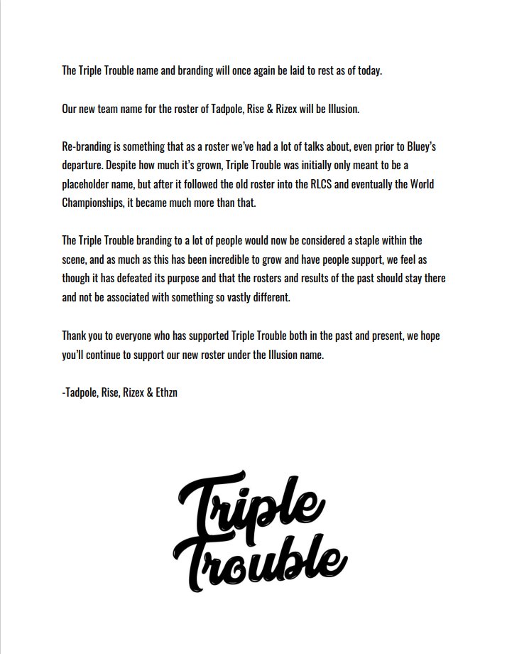 IllusionRLCS's tweet image. We're rebranding from Triple Trouble to @IllusionRLCS.

Read below: