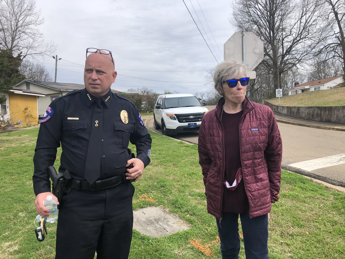 spimpojr's tweet photo. Mayor @lynn_spruill, Alderman Henry Vaughn and @Starkville_PD Chief Mark Ballard came back to the scene of Wednesday’s deadly double shooting and are having a security camera installed today right next to the spot it took place. https://t.co/HWf5hXdamh