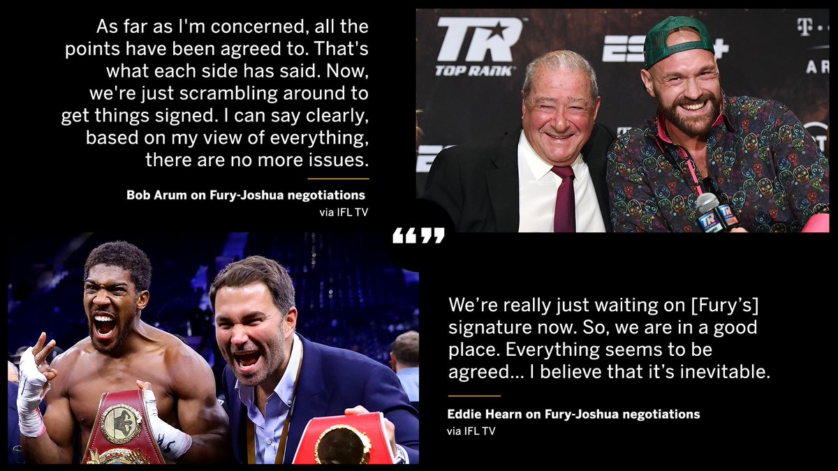 Both Bob Arum and Eddie Hearn say the only thing left to do for Fury-Joshua is to sign the contracts ✍️ https://t.co/ZmtKAaMsCW