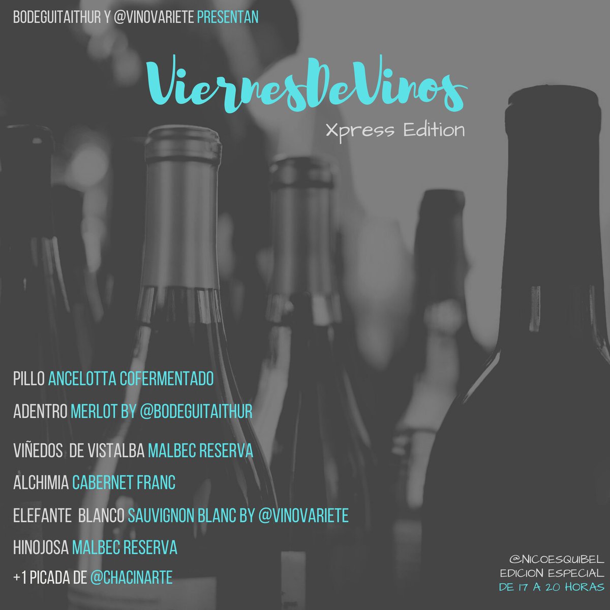 nicoesquibel's tweet photo. 🚨Arrancó #ViernesDeVinos Xpress Edition con 2 cajas de vinos +1 picada en juego!

☝Para participar tenés que:

✅Seguirme y también a @BodeguitaIthur y a @vinovariete
 
✅Retuitea CON Comentario esta publicación.

✅Arrobá a 3 amigues

✅Usa el Hashtag #ViernesDeVinos

Y listo https://t.co/JBcNArjpv9
