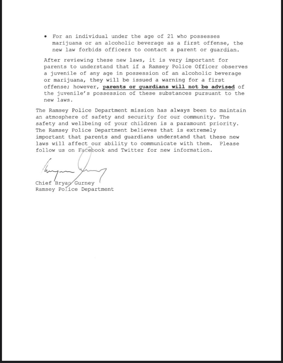 Chief Gurney’s statement on the recently passed laws. Special attention to the parents of Ramsey!