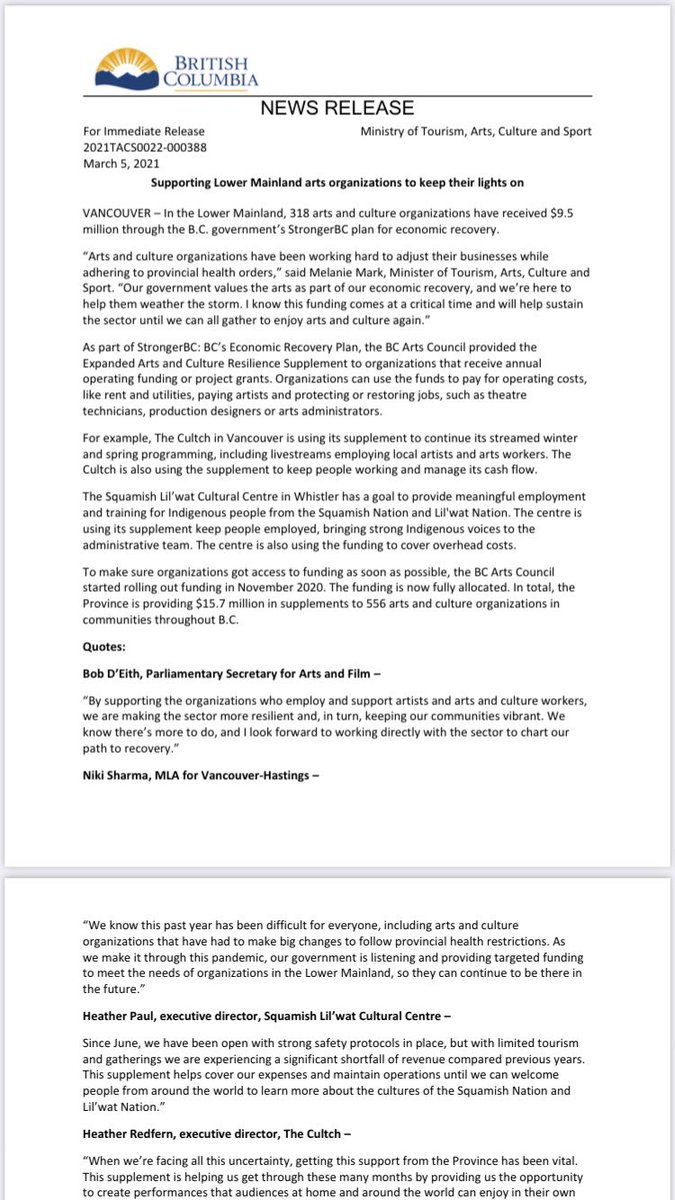 Arts &amp; Culture organizations have been working hard to adjust their businesses while adhering to provincial health orders. Our govt values the #Arts. As part of our #EconomicRecovery we’re supporting artists to weather the storm in communities across B.C. news.gov.bc.ca/23911