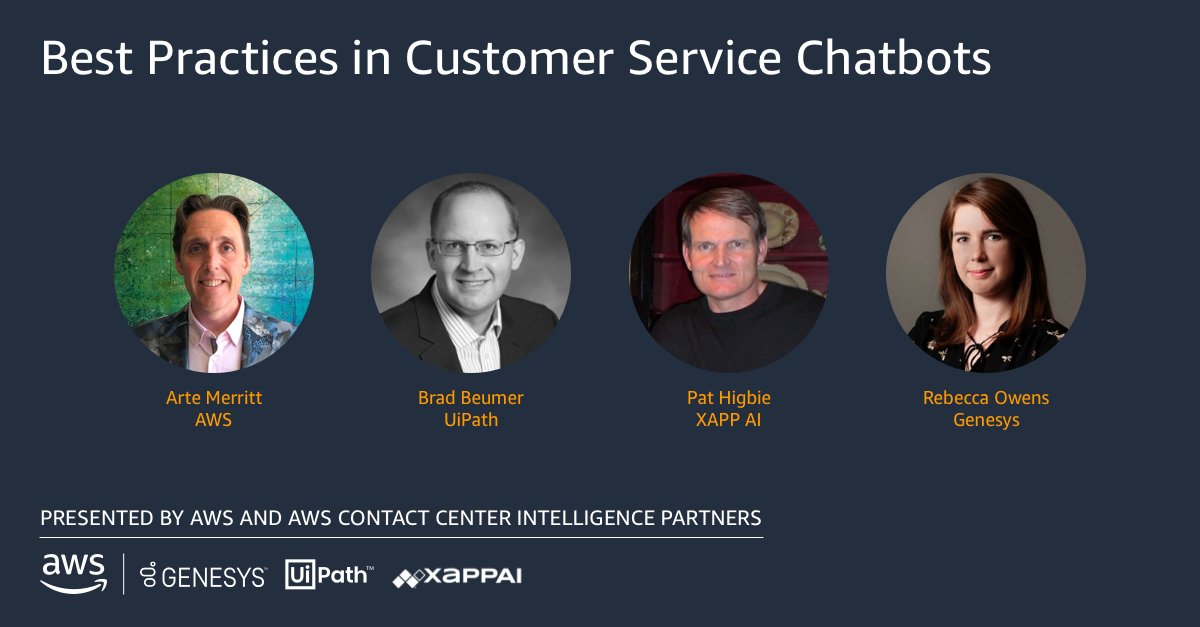 artemerritt's tweet photo. Join AWS Contact Center Intelligence partners on Mar 23rd as we discuss best practices in customer service chatbots - featuring Brad Beumer of @UiPath, @pathi of XAPP AI, and Rebecca Owens of @Genesys: https://t.co/6cXfGGnyLf https://t.co/muqESqG8Kq