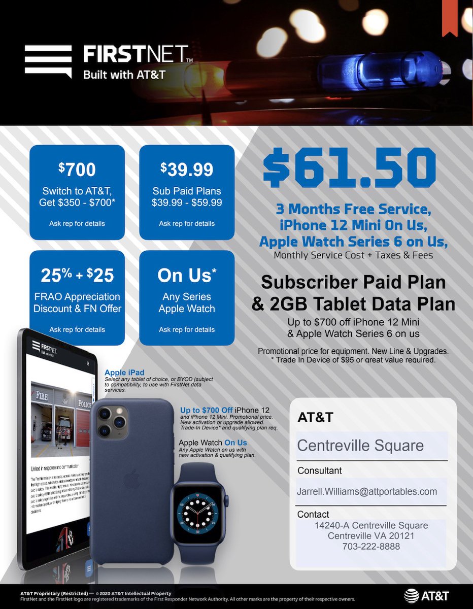 Hey <a href="/FairfaxCountyPD/">Fairfax County Police</a>   , we have some greats deals including FREE Apple Watch Series 6 just for you here in the @attportables Centreville Square location! Feel free to reach out with questions and concerns!