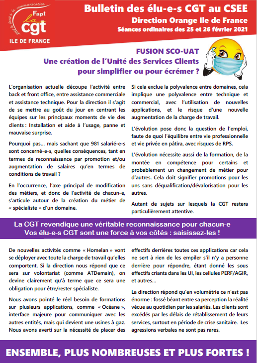CgtTelecomParis's tweet photo. #Orange #DOIDF #SCO #UAT #USC 
Fusion SCO-UAT
Création de l'Unité des Services Clients pour simplifier ou pour écrémer ?
Le #8mars15h40 on dit non au retour de la recette Lombard !
https://t.co/shnYzJw0zp https://t.co/3CcRvDuWcx