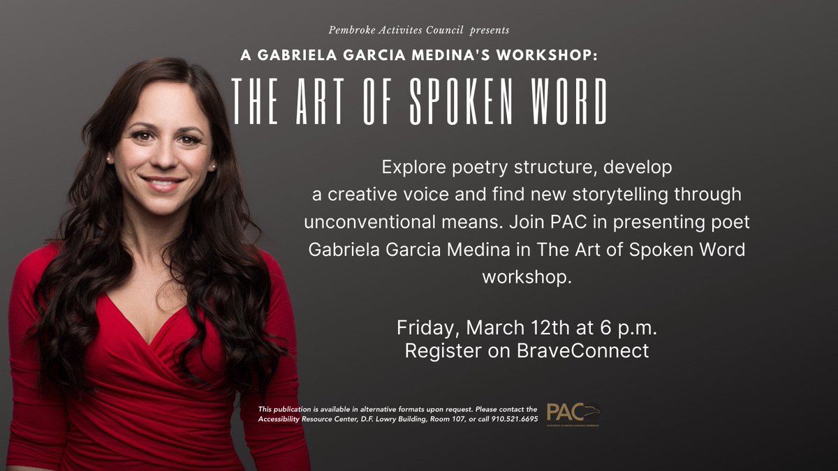 UNCP_PAC's tweet image. #BraveNation! Join PAC in Cyberspace with #GabrielGarciaMedina. Learn about The Art of Spoken Word. Explore poetry structure, &amp;amp; developing a creative voice.