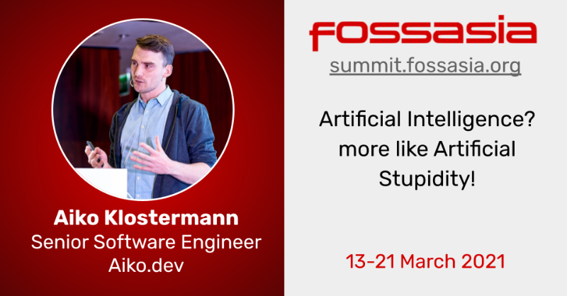fossasiasg's tweet photo. Aiko Klostermann @AikoPath will speak about “Artificial Intelligence? - more like Artificial Stupidity!” @FOSSASIA #Virtual #OpenTech Summit 2021, March 13-21 #OpenSource #ArtificialIntelligence #AI #ML Register now https://t.co/Rg5Sfjp2hD https://t.co/rHDupsoG9H