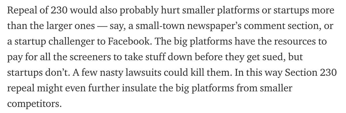 adamkovac's tweet photo. Incoming White House tech policy advisor @superwuster's truth bomb on Section 230: Repeal would hurt small platforms more than big ones:
https://t.co/pWzF7M0rDT https://t.co/DABUGDaKzl