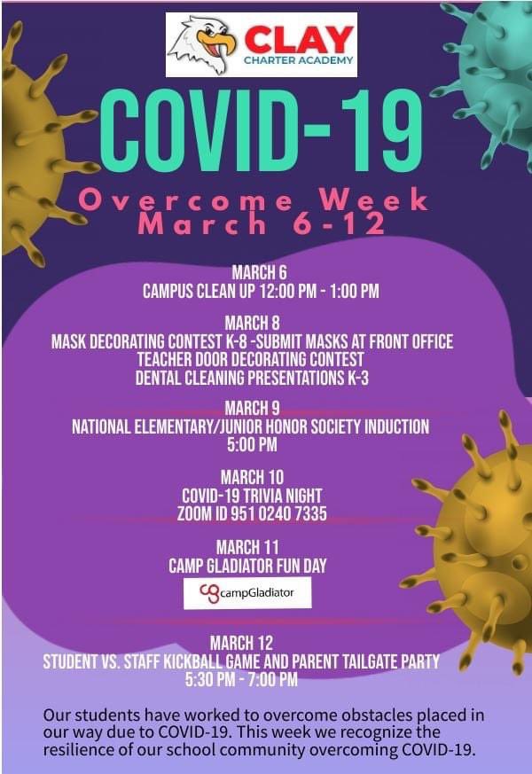 Clay_Charter's tweet photo. Our school community has worked to overcome obstacles placed in our way due to COVID-19. March 6-12 we will recognize the resilience of our school community overcoming COVID-19. https://t.co/aR2mb9or5k