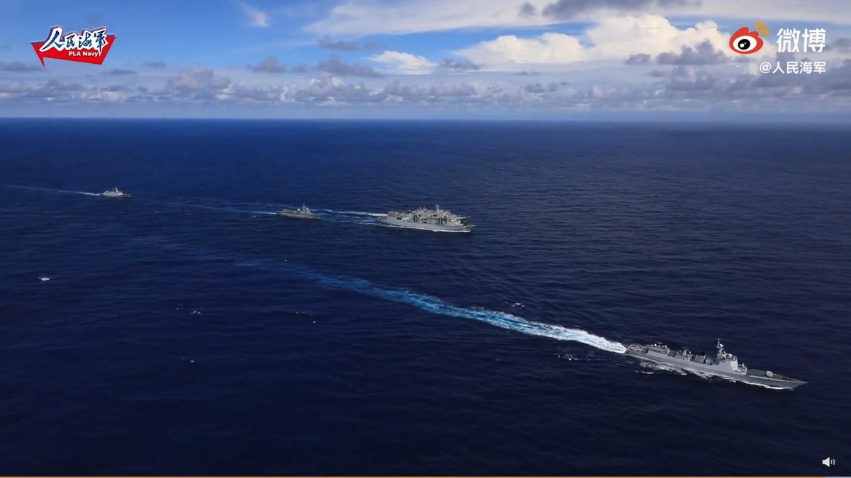 This seems to be a common formation in  PLA Navy strategy. Type 052D destroyer & Type 054A frigate with supply ship.The following deployments have included this grouping:Strait of Hormuz Feb. 2021SCS/"south of the equator" Feb. 2021Crossing International Dateline Feb. 2020
