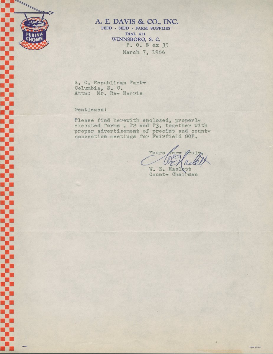 We have a cheerful little 1966 #LetterheadOfTheWeek, even if the information itself is a little mundane. The Fairfield County Republican Party chairman is verifying that the group has followed the rules. <a href="/Purina/">Purina</a> <a href="/SCGOP/">South Carolina Republican Party</a>