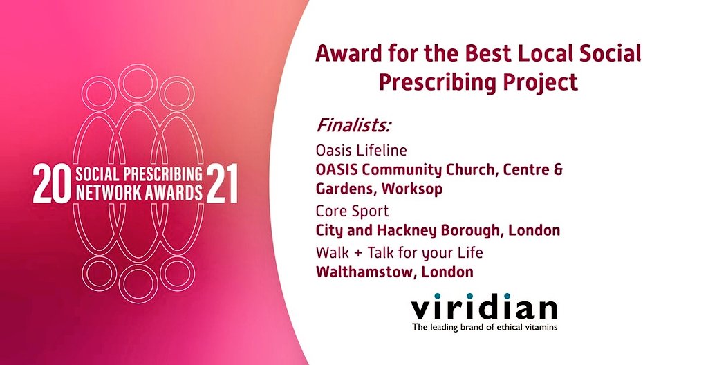 @WalkandTalkfor Congrats on making it as a finalist for the Award  🏆
Best local #socialprescribing project🌟sponsored by <a href="/ViridianNews/">Viridian Nutrition</a> with <a href="/coreartshackney/">Core Arts</a>  <a href="/oasisworksop/">Oasis Community</a> 🤞🏽Good luck at the  #SocialPrescribingAwards ceremony #SocialPrescribing2021 #socialprescribingday