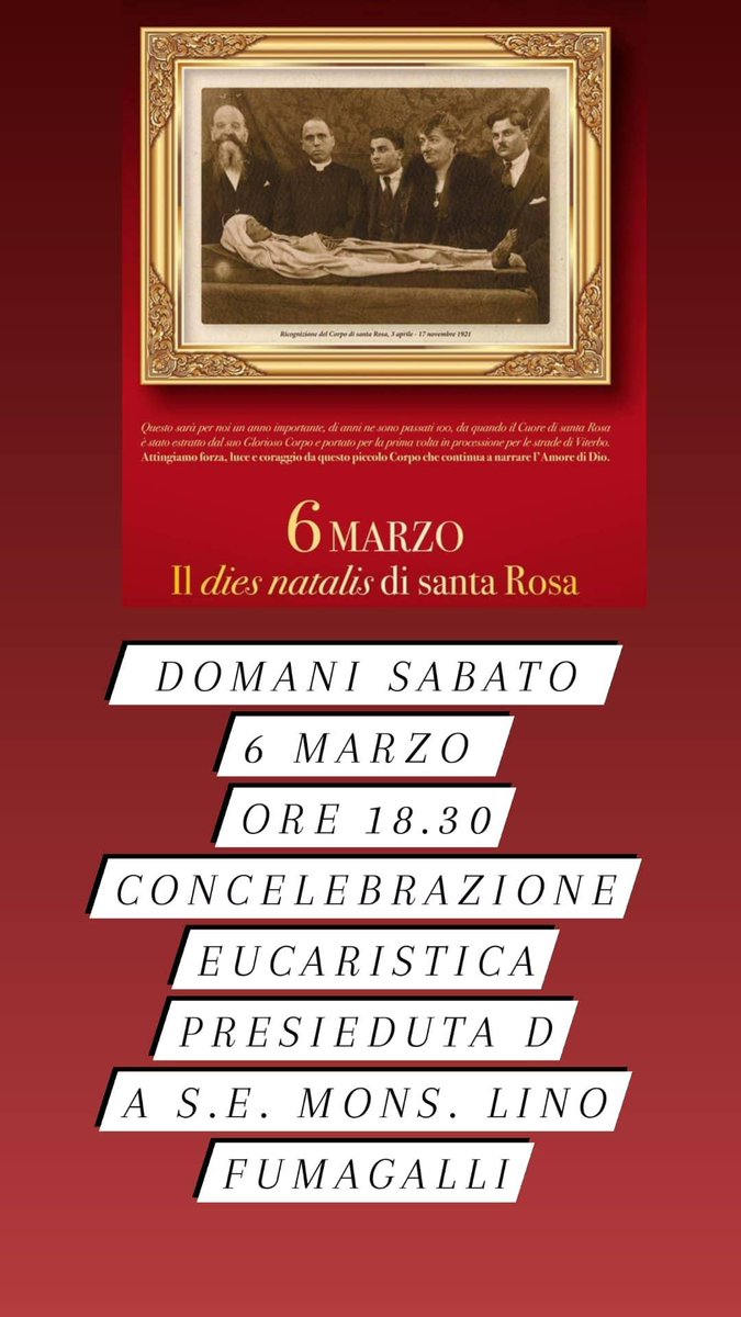 Domani sabato 6 marzo 
ore 18.30 CONCELEBRAZIONE EUCARISTICA presieduta da S.E. Mons. Lino Fumagalli. 🙏🙏 #viterbo #santarosa #like #follow #followme #visitviterbo