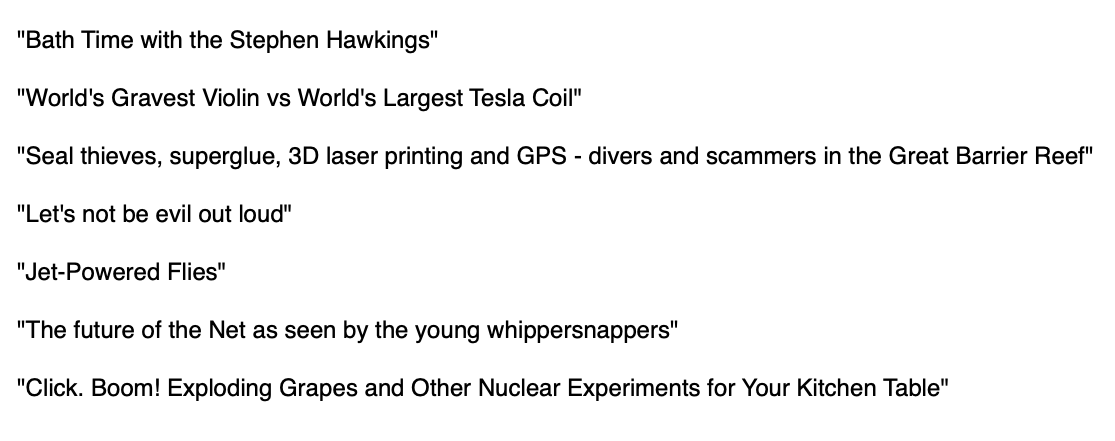 jonty's tweet photo. I made GPT-3 read every @emfcamp talk title and then asked it to write new ones. A thread. https://t.co/M6xZgmyuCN