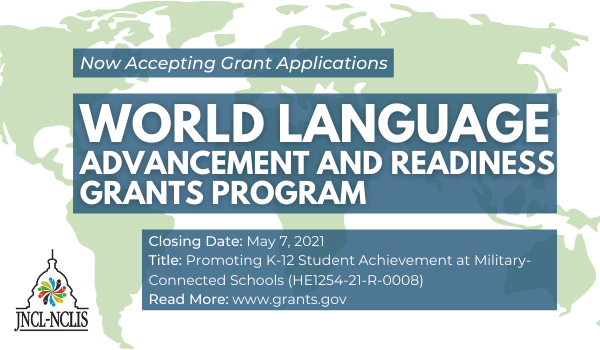 JNCLInfo's tweet photo. ๐The World Language Advancement and Readiness Grants Program is now accepting applications! Your dedication and advocacy efforts over the past several years helped make this program a reality!
Apply: https://t.co/ZsIyGMOMIN
#WLARA #SupportLanguages #LAD21 https://t.co/PdFzVpiJsn