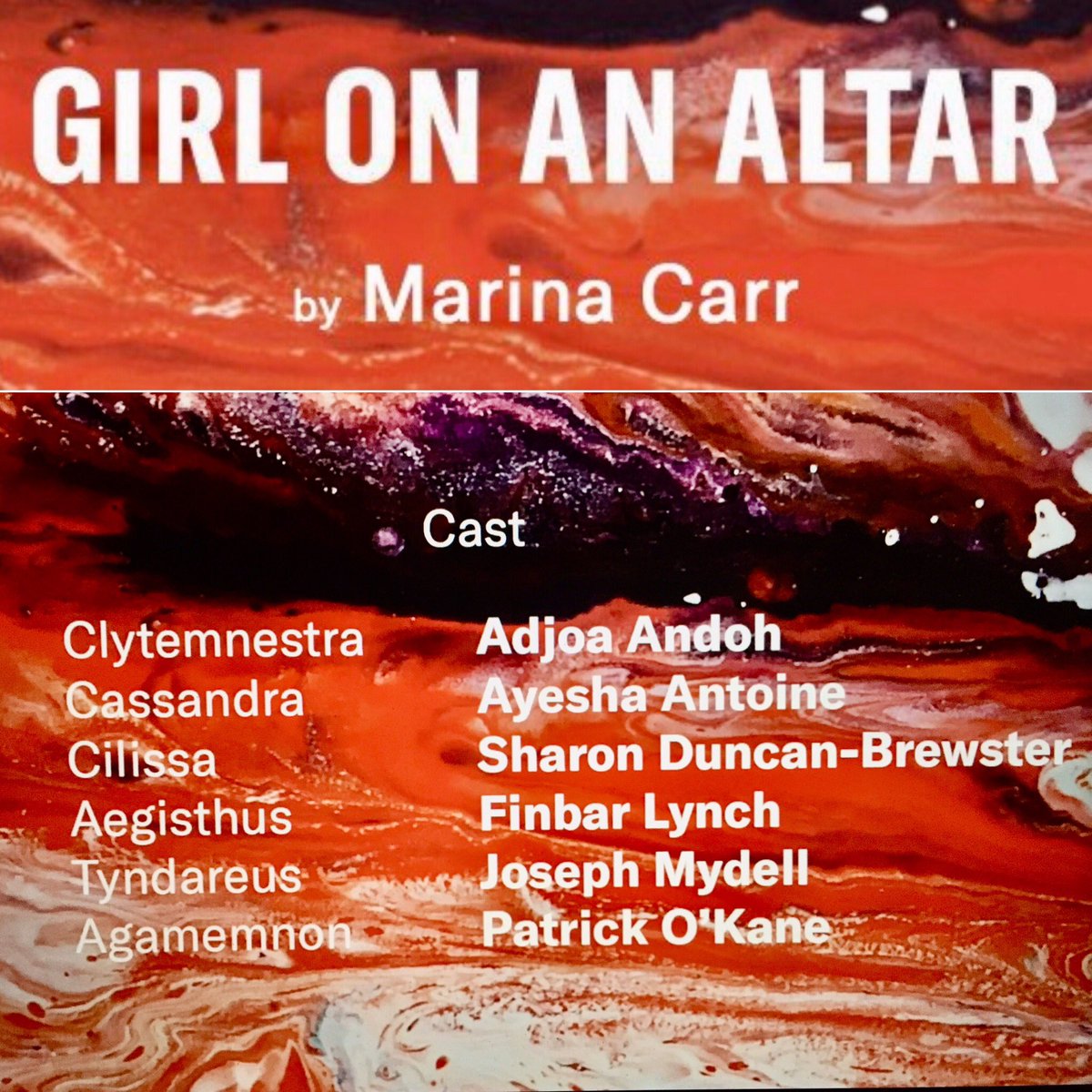 helenjerome's tweet photo. What a 🎭 treat!
My goodness this live @KilnTheatre stream of ✍🏽 #MarinaCarr’s new play #GirlOnAnAltar starring @andoh_adjoa @MissEssDeeBee @JosephMydell @ayeshaantoine #finbarlynch #patrickokane - and introduced by AD @IRubasingham - is absolute 🔥 https://t.co/OsiHtnjUa7