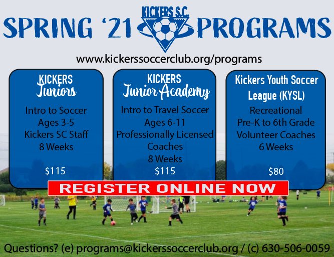 KickersSC's tweet image. Interested in soccer? Kickers Soccer Club has the programs for you! 

Registration is now open online for the Spring 2021 Soccer Season! Click the link below ⬇️

kickerssoccerclub.org/programs

📧 programs@kickerssoccerclub.org 
📞 630-506-0059