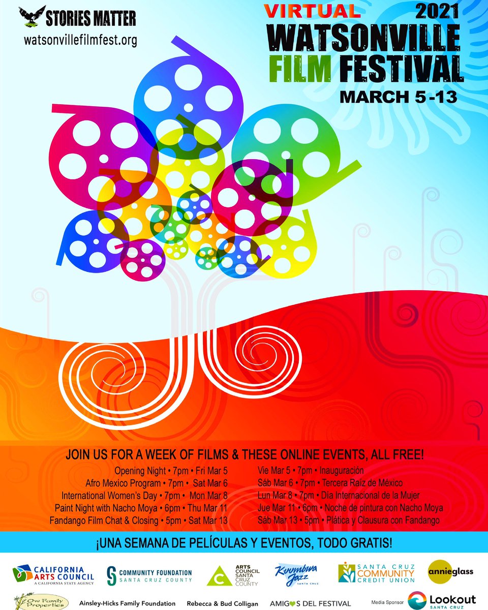 2021 WFF will be completely FREE this year! Hola a todos! We are excited to announce that our schedule &amp; program is now available to view online! You can read about the films, view trailers and pre-order movies on the new Virtual Cinema. Join us! Dates and times listed on poster!