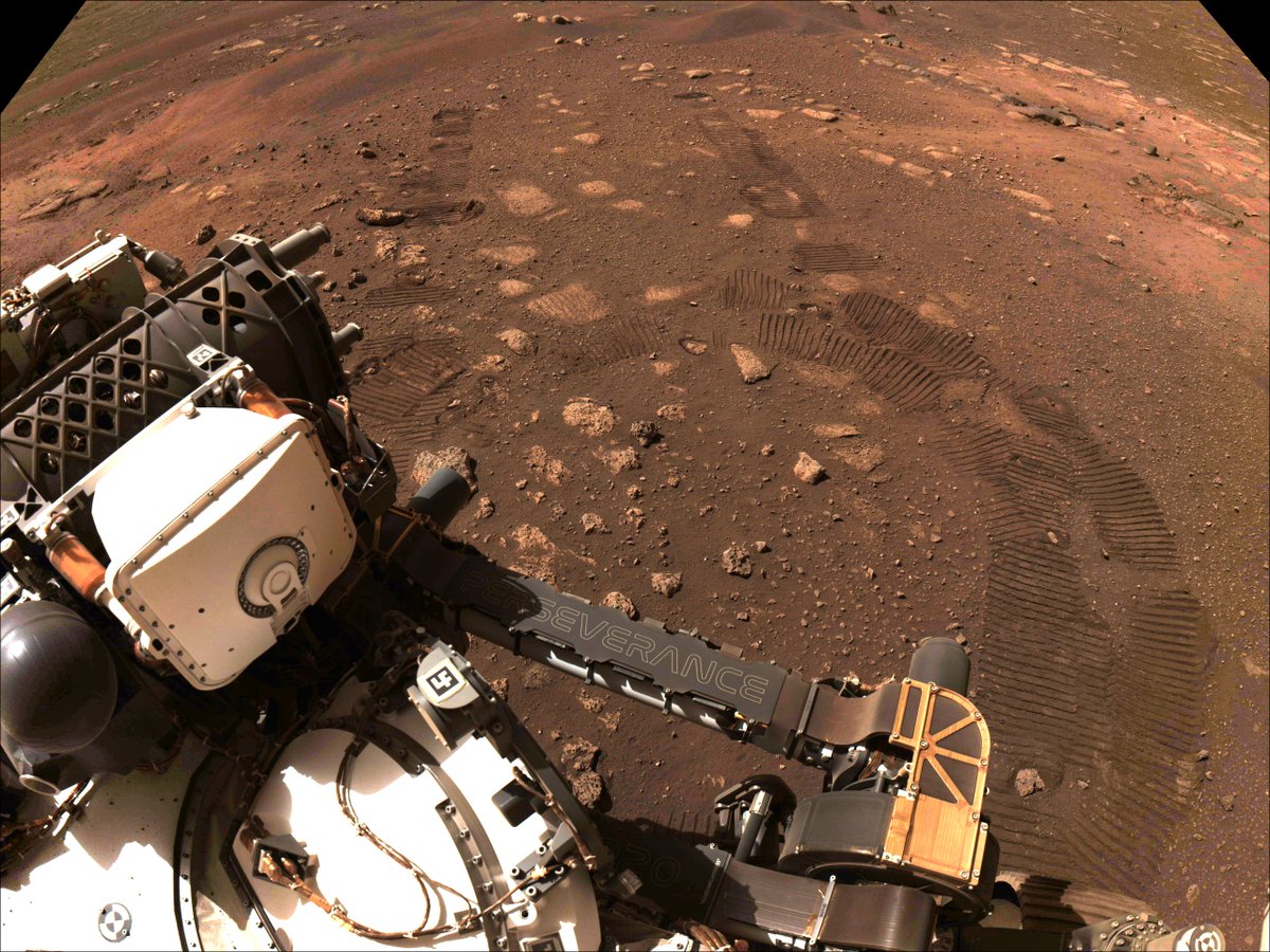 NASAs Perseverance Mars Rover (@NASAPersevere) on Twitter photo 2021-03-05 21:45:46 I’m on the move! Just took my first test drive on Mars, covering about 16 feet (5 meters). You’re looking at the very beginning of my wheel tracks. Many more to make. I’m on the move! Just took my first test drive on Mars, covering about 16 feet (5 meters). You’re looking at the very beginning of my wheel tracks. Many more to make.
