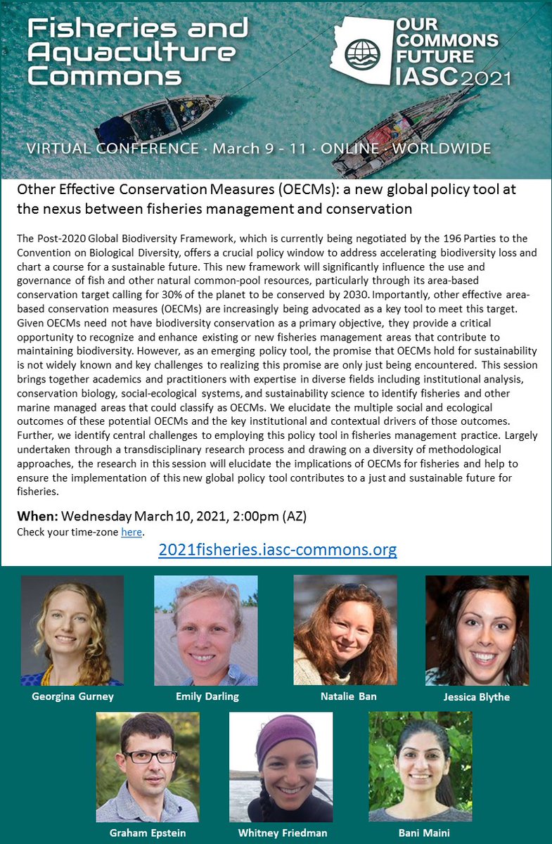 Join us Mar 10 at 2pm (UTC-7) for a panel discussion on Other Effective Conservation Measures (OECMs) at 2021fisheries.iasc-commons.org w @Georgina_Gurney @emilysdarling  @MarineCons @_JessicaBlythe @gbepstein @Dr_WhitneyF #FishAquaCommons