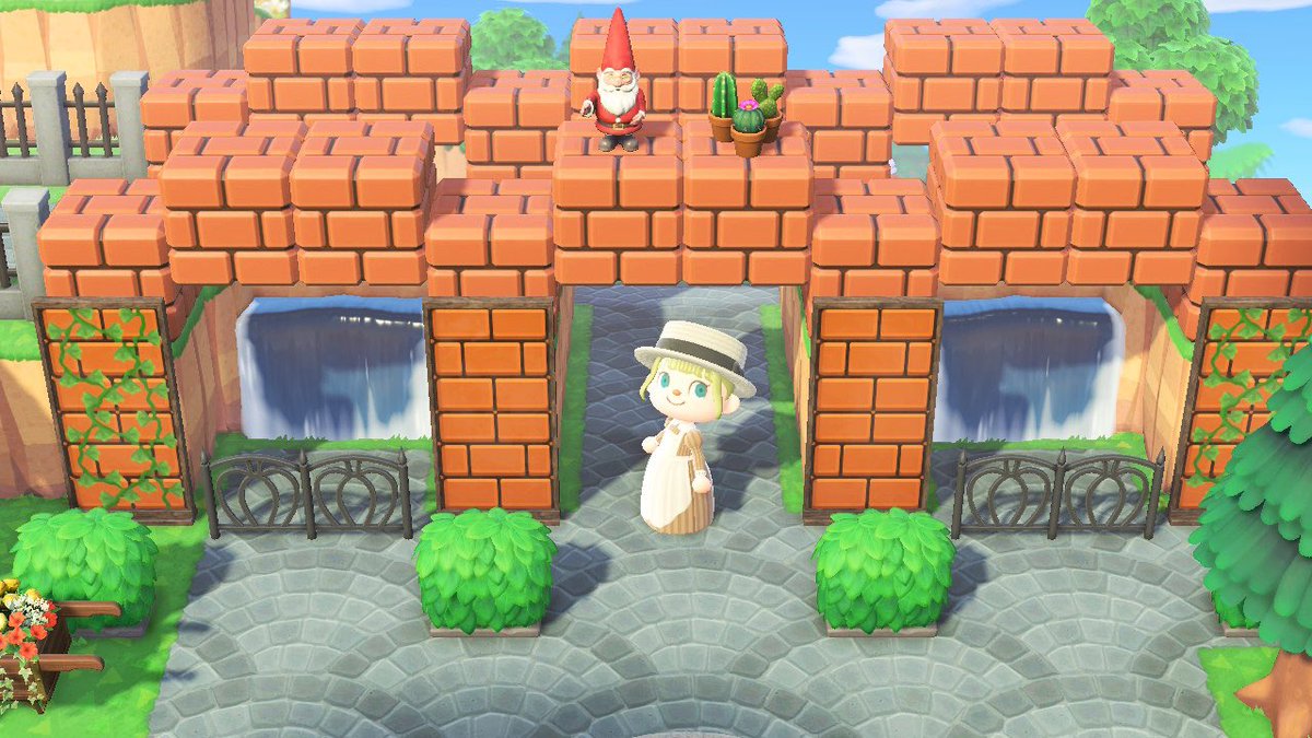 タタタ 空中レンガブロックで作る 洋風アーチ橋 ポケ森コラボ家具の こもれび広場の飾りと フォーチュンクッキーワゴンを置くと ヨーロッパ風の広場に マリオ家具 空中レンガブロック あつ森 島クリエイト あつまれどうぶつの森 あつ森写真部