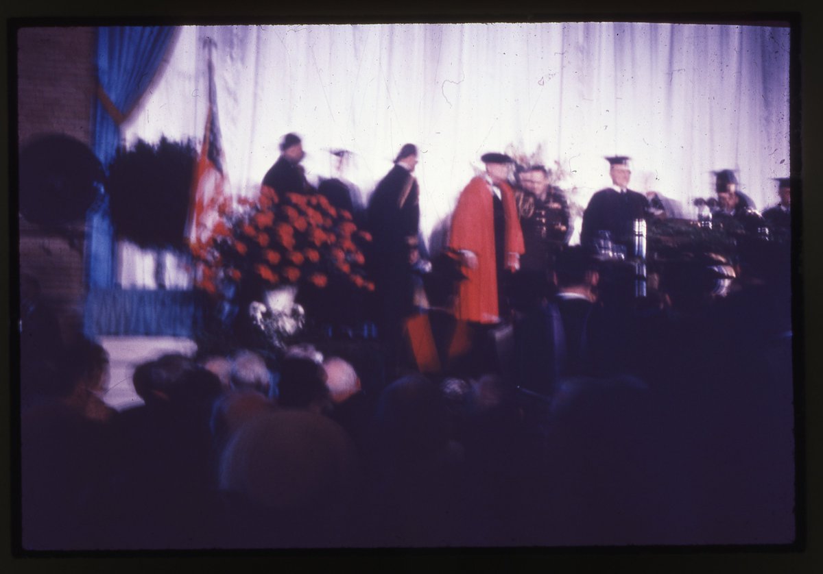 ChurchillMuseum's tweet photo. #otd 1946 at 3 pm, Winston Churchill delivered his now-famous "Sinews of Peace" ("Iron Curtain") speech at @WestminsterMO in Fulton, MO 

📷A rare, if blurry, color photo of the day (CHS.07.004)
Academic robe, chair, &amp; podium used by Churchill in ANCM's gallery

#sinewsofpeace75 https://t.co/n6dVxIiXwR