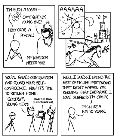 XKCD pointing out dimension-traveler trauma we've been actively trying to address in my fairy tale world-hopper comic Namesake. 