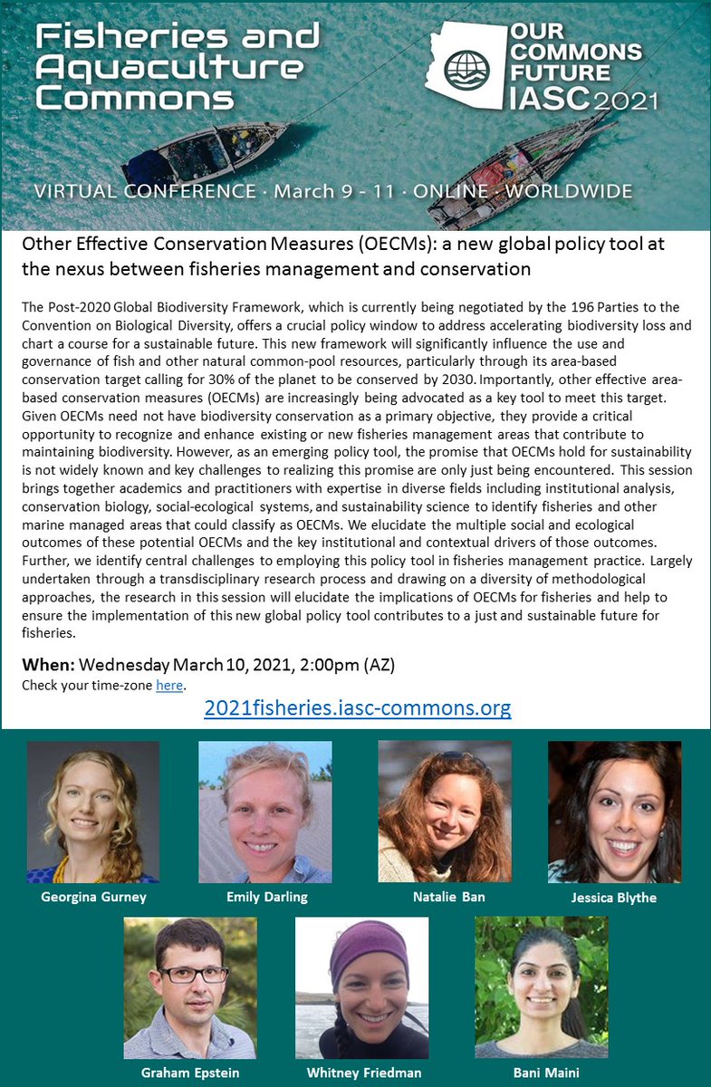 The panel discussion on Other Effective Conservation Measures (OECMs) at 2021fisheries.iasc-commons.org w @Georgina_Gurney @emilysdarling  @MarineCons @_JessicaBlythe @gbepstein @Dr_WhitneyF starts in 30 minutes! Don't miss it! #FishAquaCommons