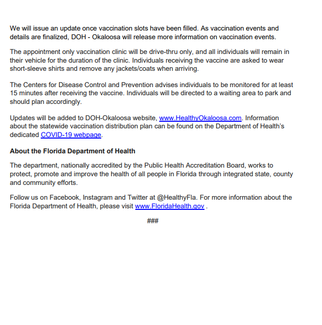 Okaloosa County On Twitter Florida Department Of Health In Okaloosa County Announces Drive-thru Covid-19 Vaccination For March 15-19 Link To Full Release Httpstcoklcxmoypvy Httpstcoilhs1wd5sr Twitter