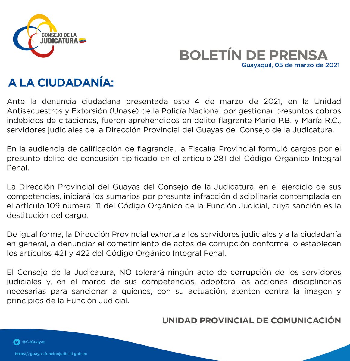 #ATENCIÓN | La Dirección Provincial del Guayas del Consejo de la Judicatura, iniciará sumarios disciplinarios en contra de servidores judiciales que presuntamente cometieron cobros indebidos en citaciones. Más información aquí: bit.ly/3rkzmn6