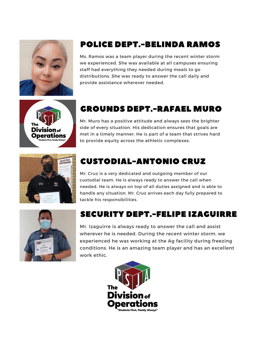 Congratulations to our STARS of the week! For always providing great leadership skills by going above and beyond the call of duty to make sure our PSJA Family receives the best quality service.@PSJAISD #PSJAFamily