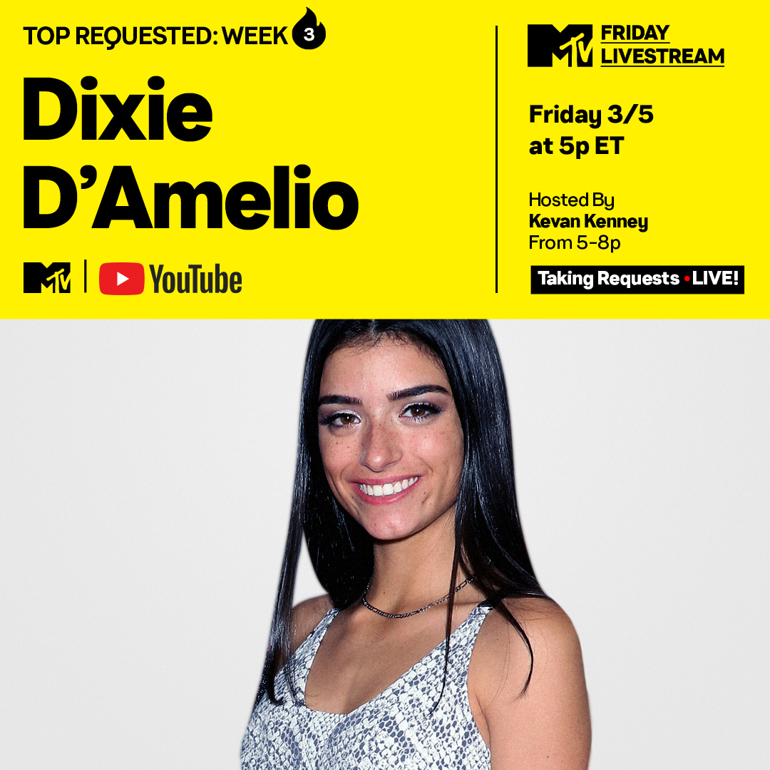 KevanKenney's tweet photo. .@dixiedamelio is a top requested artist on this week's @MTV #FridayLivestream! The show starts in just 15 minutes!

Tune in here: https://t.co/UF0DXTbVGl https://t.co/LkrlSUzNGm