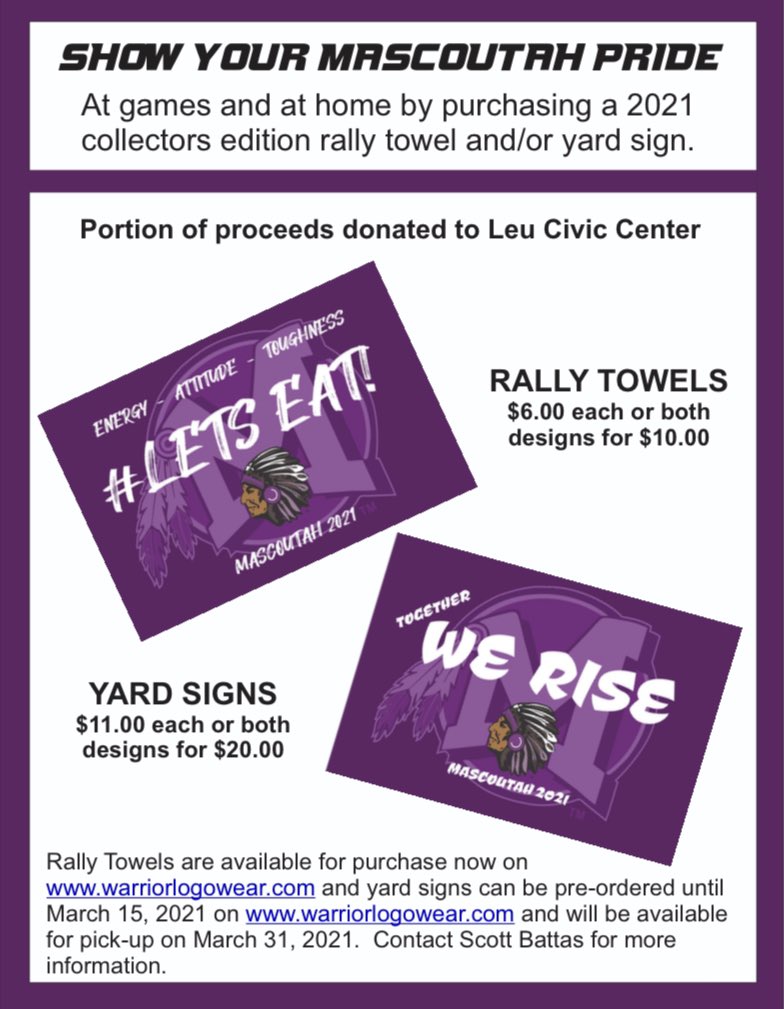 Scott Battas, CMAA (@coachb83) on Twitter photo Indian Athletics is teaming up with <a href="/WarriorLogoWear/">WarriorLogoWear</a> to show spirit around town and benefit a local charity! Please color the yards in town purple, and get spirit towels for upcoming events and help our Leu Civic Center kids and programs at same time! #WeWillRise #LetsEAT Indian Athletics is teaming up with <a href="/WarriorLogoWear/">WarriorLogoWear</a> to show spirit around town and benefit a local charity! Please color the yards in town purple, and get spirit towels for upcoming events and help our Leu Civic Center kids and programs at same time! #WeWillRise #LetsEAT