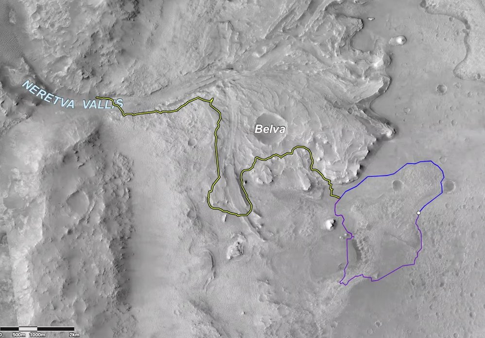 Two options for a notional traverse to get from their landing site to the nominal path up the Delta.